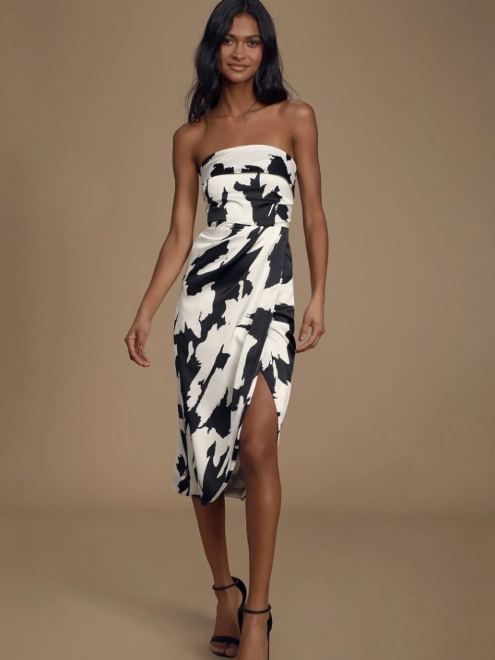 Lulus Bring Me Back To You Black and White Print Strapless Midi Dress NWT